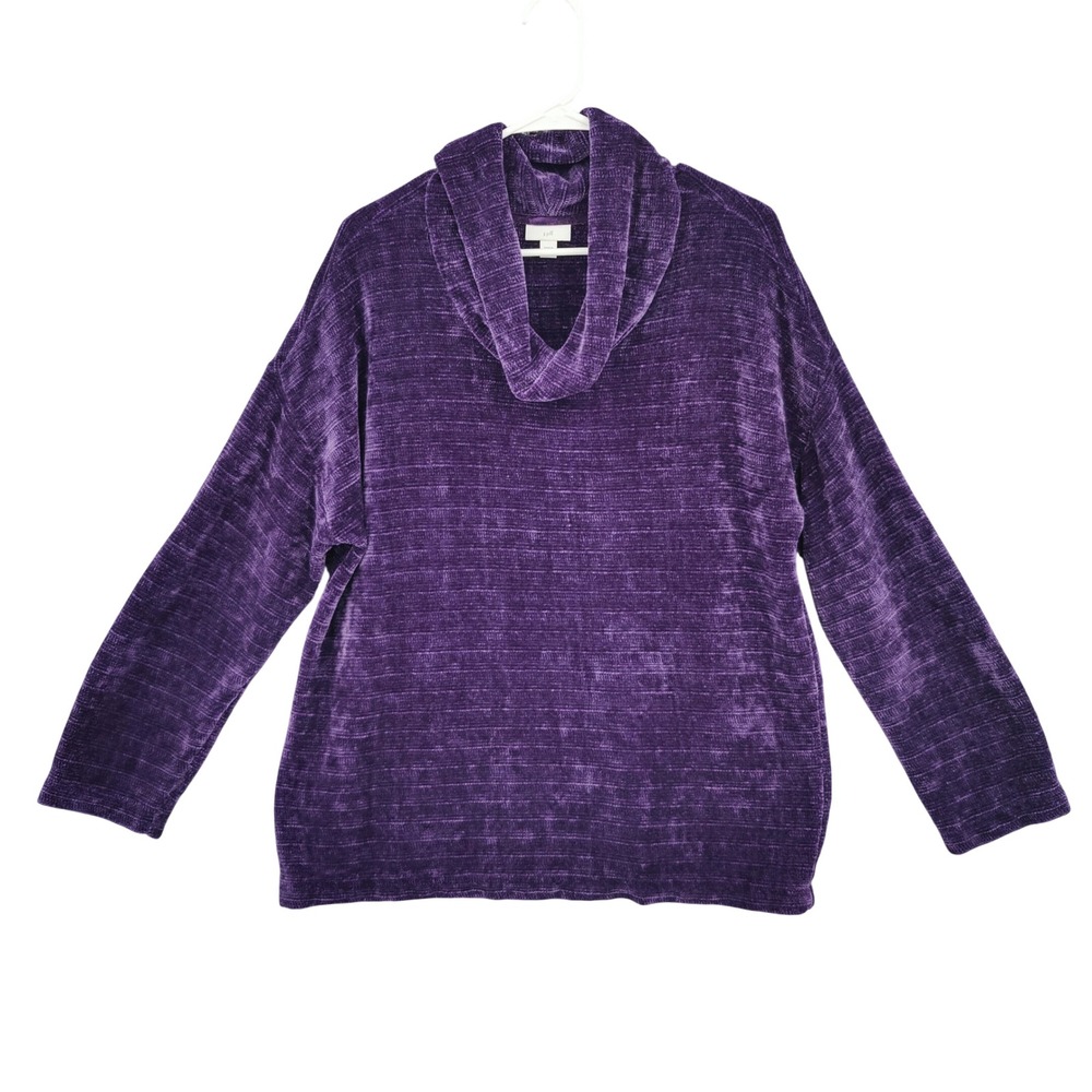 J. Jill Womens Cozy Chenille Velvet Relaxed Cowl Neck Sweater L Purple Ribbed